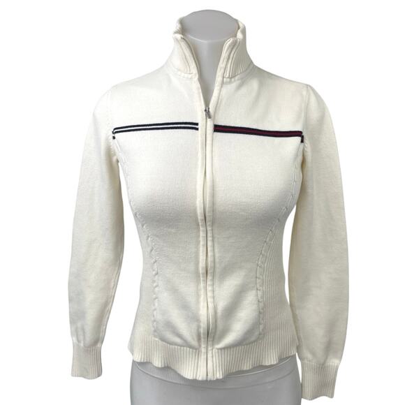 Tommy Hilfiger White Full Zip Knit Mock Neck Long Sleeve Sweater Jacket Top S - Picture 1 of 5
